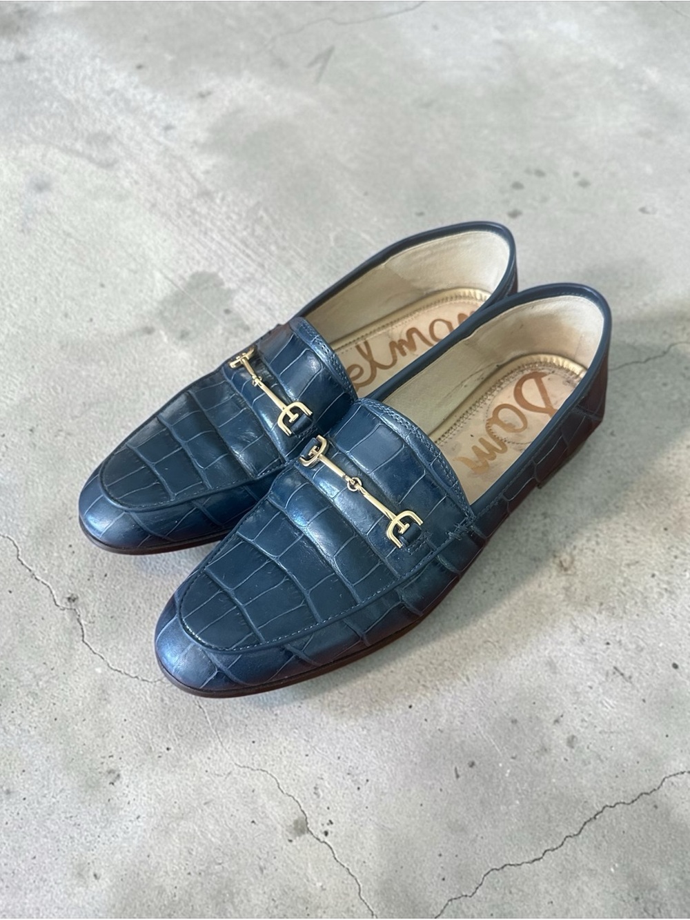 Sam Edelman Loraine Gold-Tone Bit Loafer Flats Crocodile Embossed Navy Size 6.5